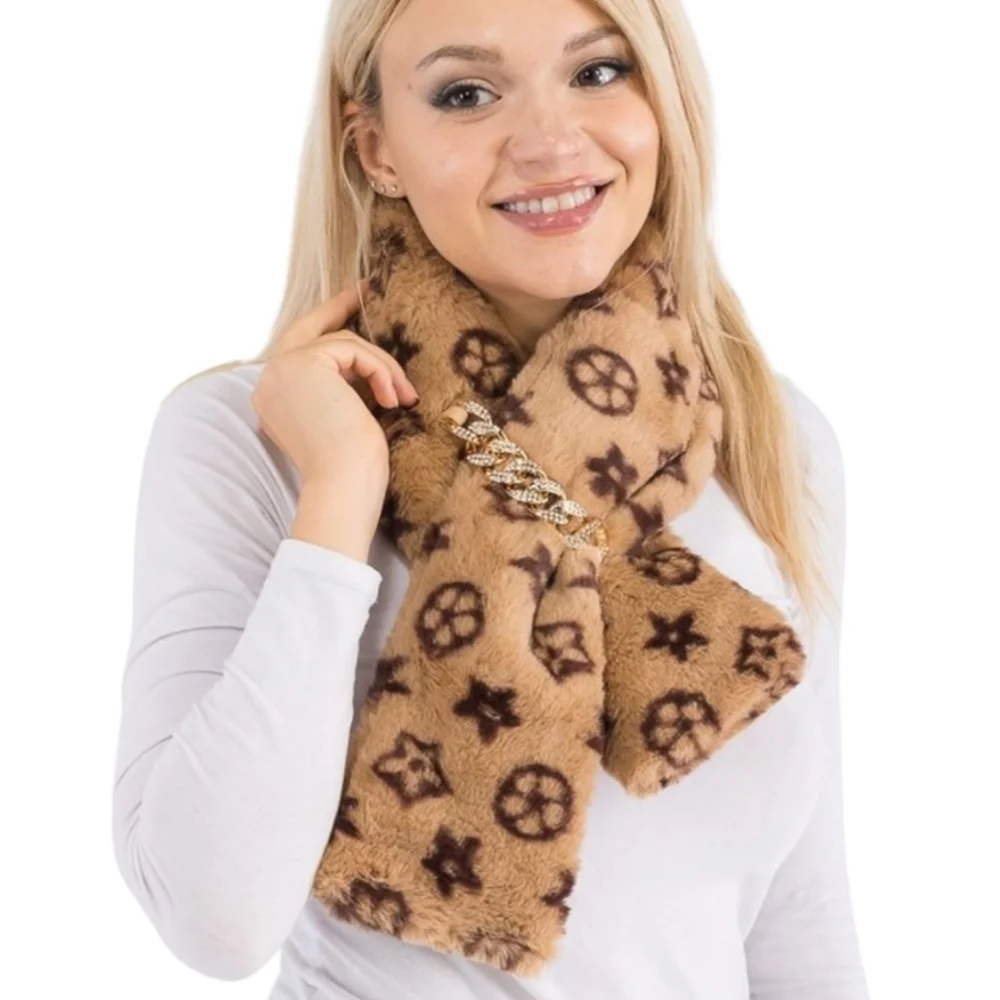 Flower Monogram Tan Faux Fur Oblong Scarf w Bling Chain Detail